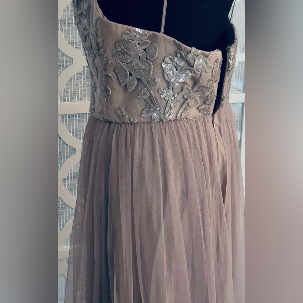 NWT SZ 10 AMSALE Formal Dress Sequins Lace Tulle Maxi Latte Taupe Sora Champagne - Picture 8 of 12
